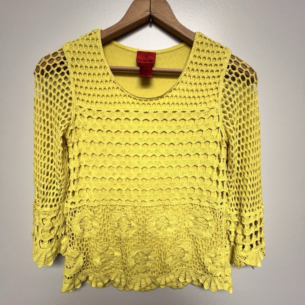 V Christina Floral Crochet Top Sz Small Yellow Bright Spring Delicate Boho Chic